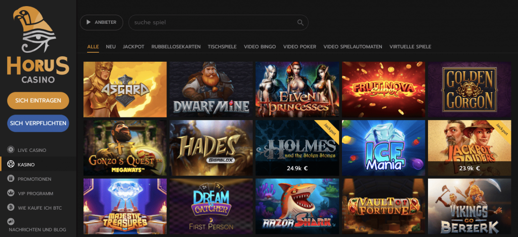 Horus Casino-upplevelser: Utbudet av spel kan hittas direkt i menyn