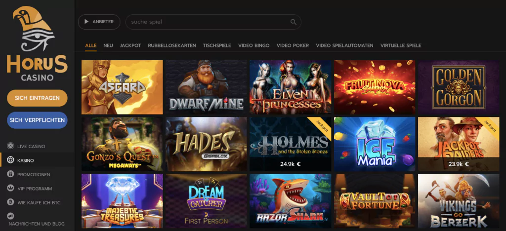 Horus Casino experiences: The range of games can be found immediately in the menu